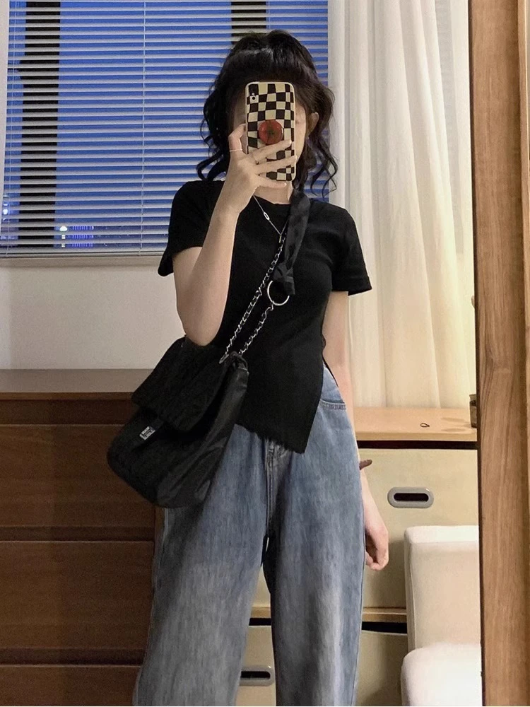 棉大码夏季新款正肩开叉不规则学生短袖T恤显瘦甜辣微胖上衣ins潮