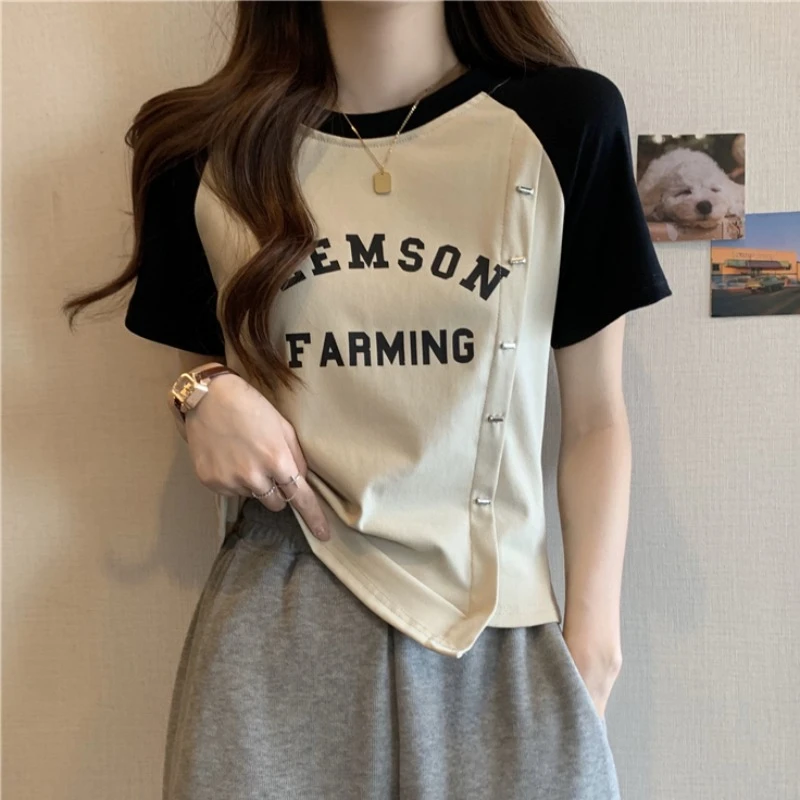 棉大码女装微胖MM短袖T恤夏季新款时尚撞色斜扣不规则设计感上衣