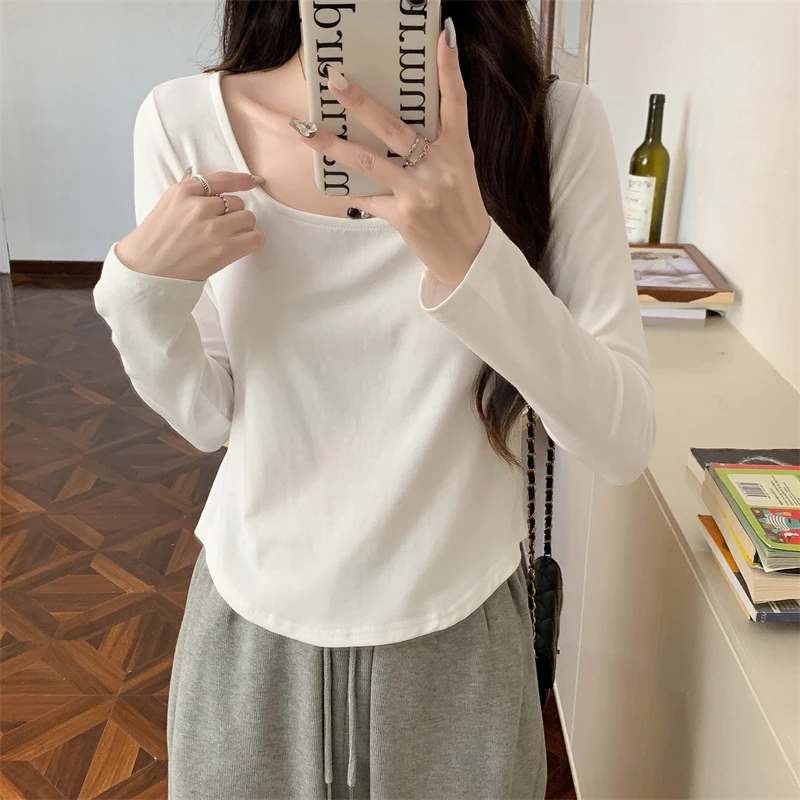 棉大码女装微胖MM早春季新款正肩长袖T恤女显瘦U领辣妹打底上衣潮