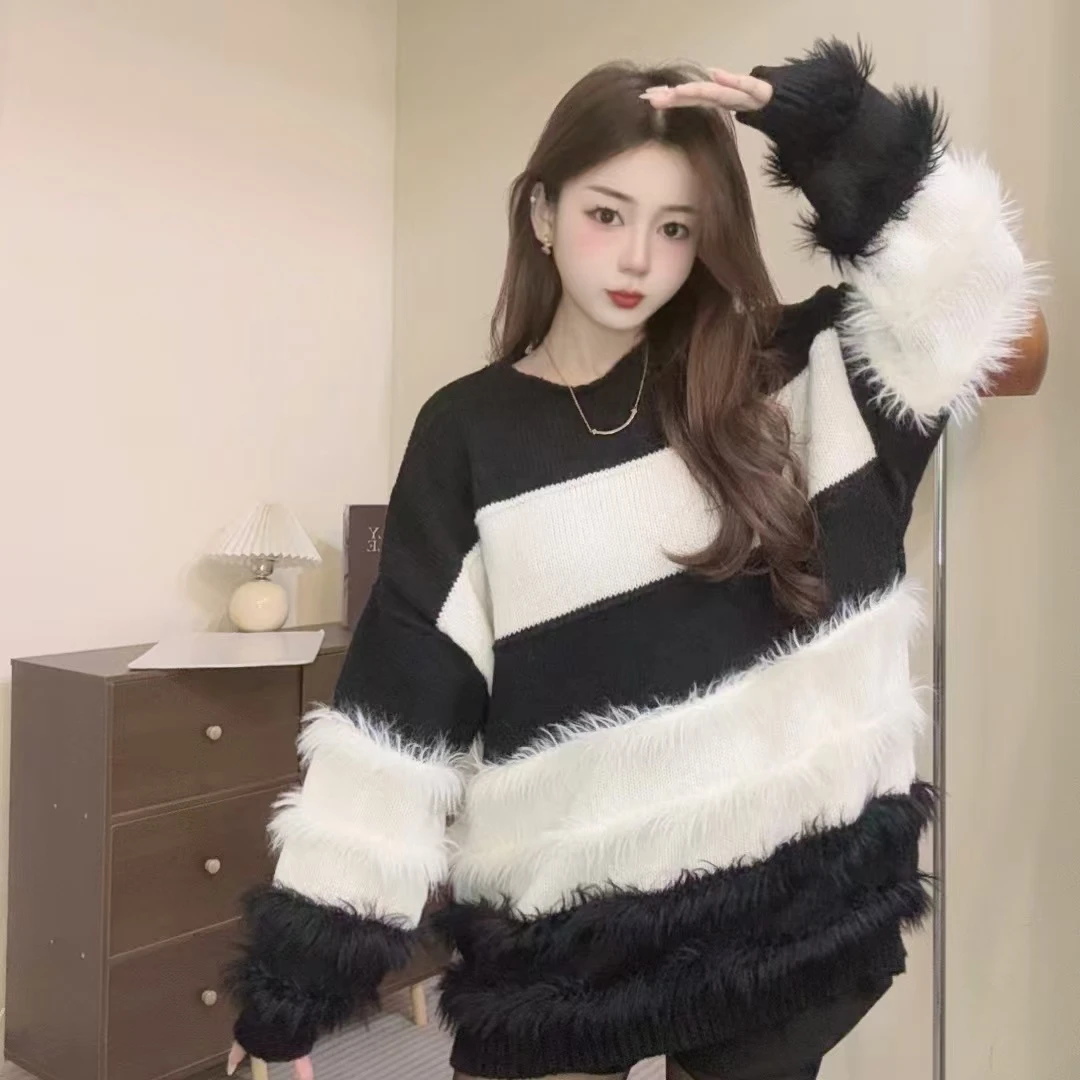 【早安范范】毛毛黑色针织衫女秋慵懒风圆领毛衣网红韩版秋冬拼接