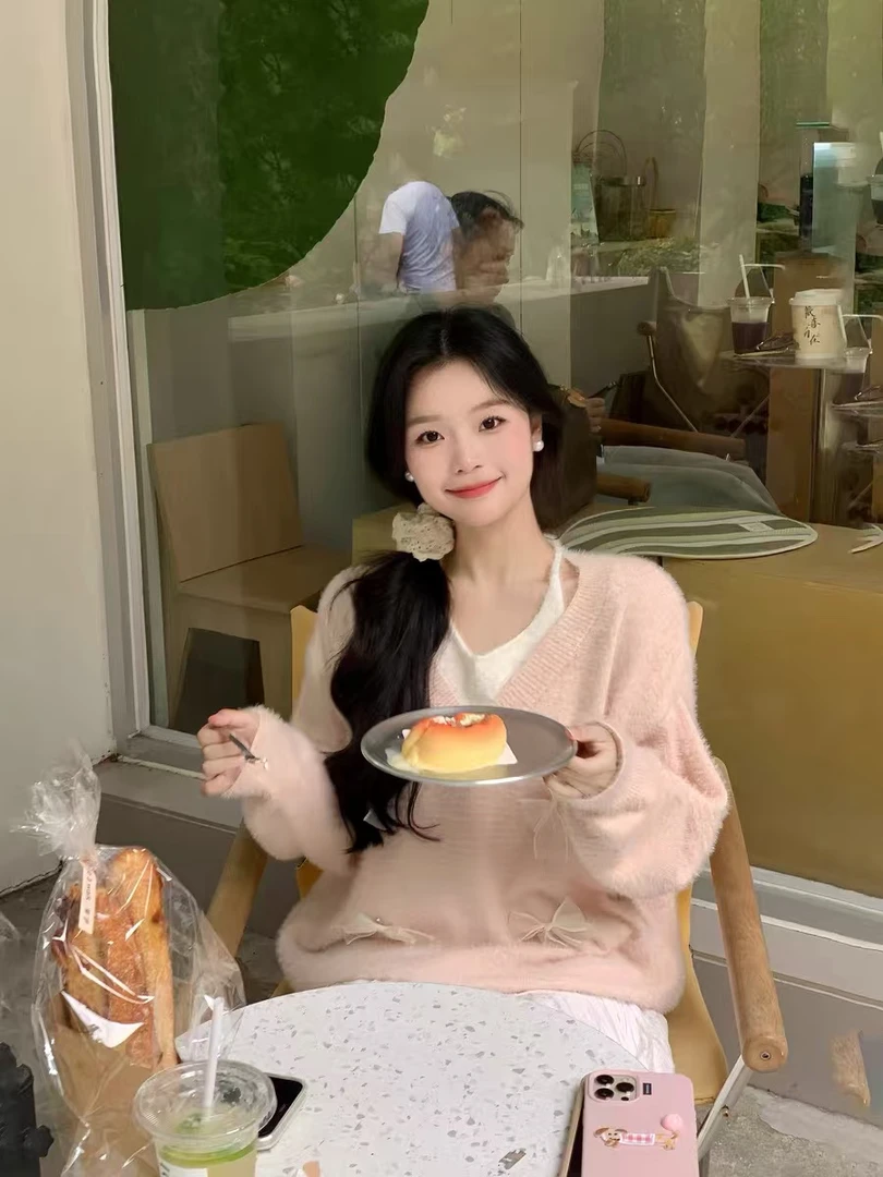 软糯软fufu粉色中长款针织宽松毛衣韩版蝴蝶结甜美毛毛上衣