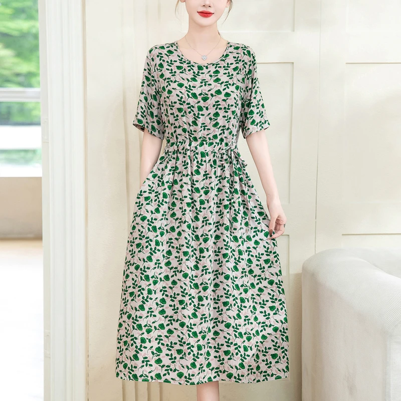 棉绸碎花连衣裙女士夏季收腰显瘦过膝款长裙大码2025新款外穿裙子