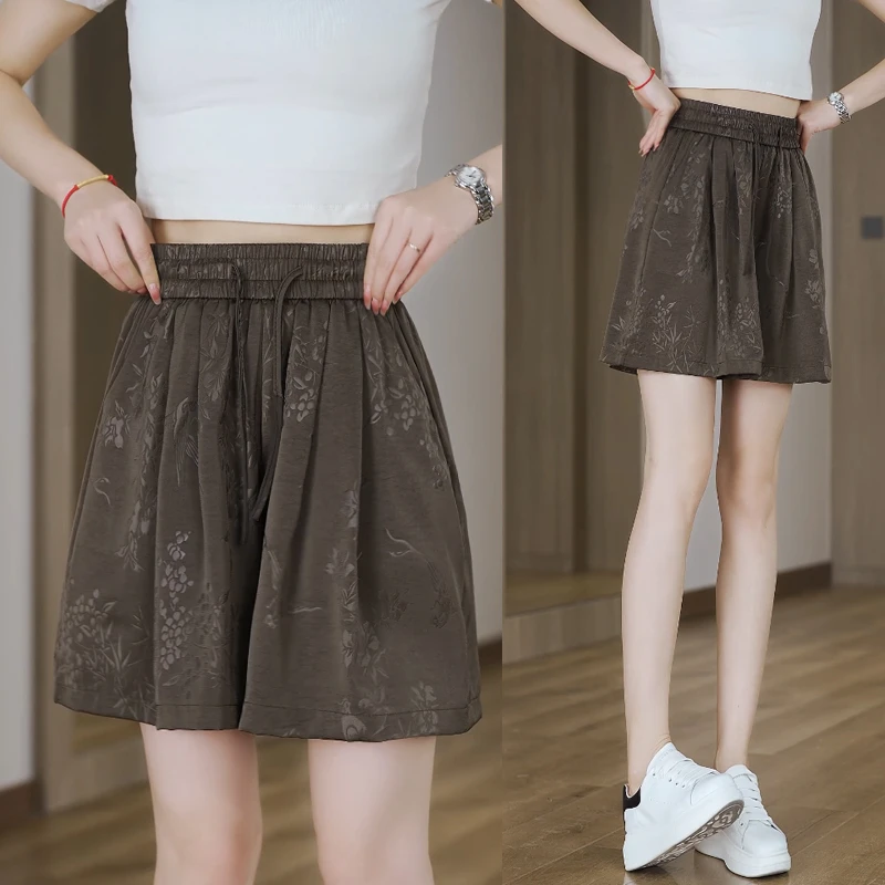 2024夏季醋酸提花短裤大码高腰外穿阔腿宽松松紧腰休闲时尚显瘦