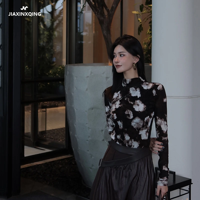 JIAXINXQING秋冬新款扎染拼接弹力圆领紧身不规则打底衫设计款