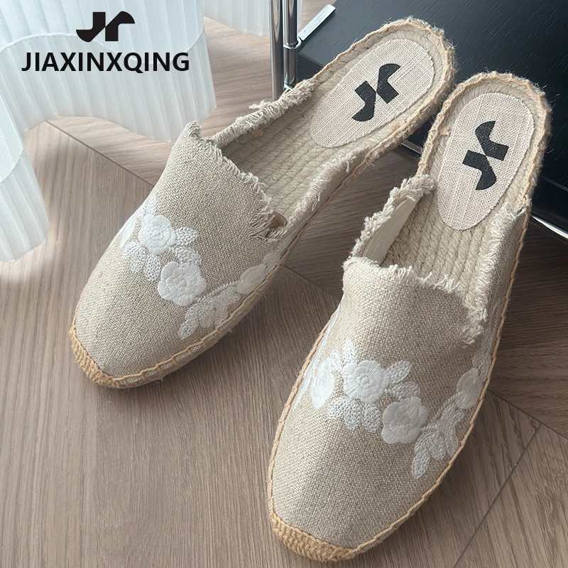 JIAXINXQING休闲一脚蹬渔夫鞋女绣花刺绣拖鞋半托平底鞋2024夏季