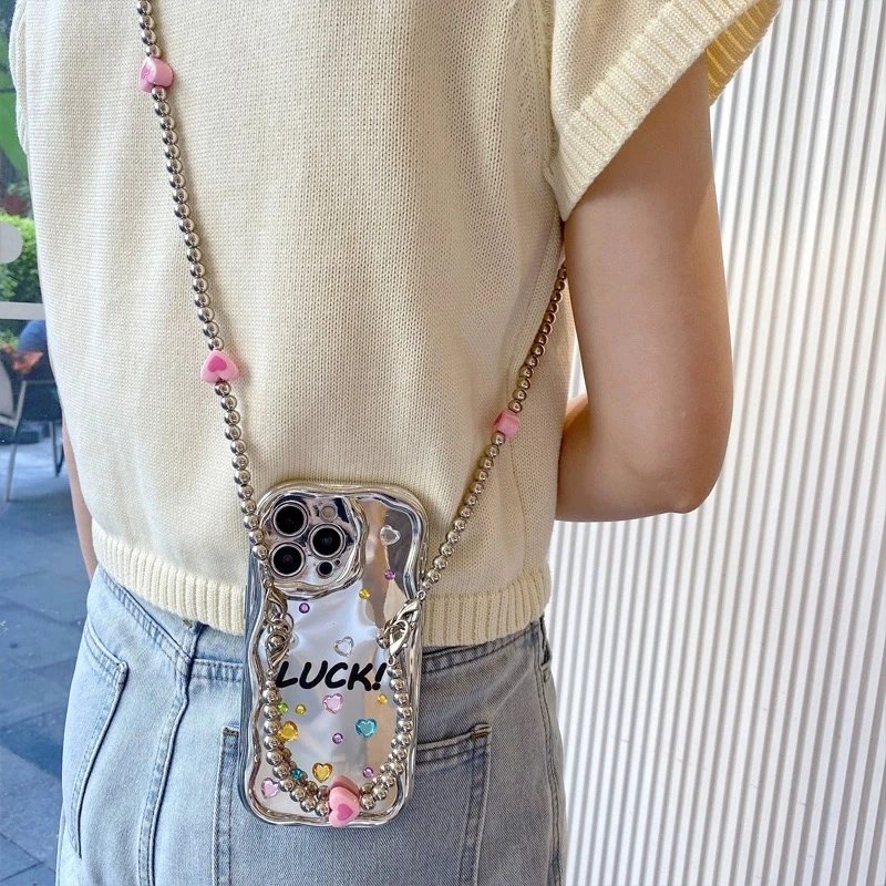 ins风Luck锡纸银适用于苹果15手机壳14防摔i13Pro斜挎链条手机壳