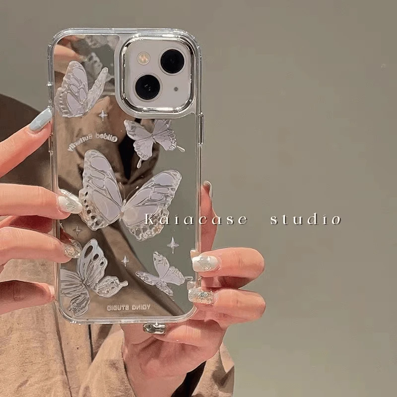 高级感蝴蝶补妆镜面适用苹果华为/小米手机壳新款防摔甜美少女心