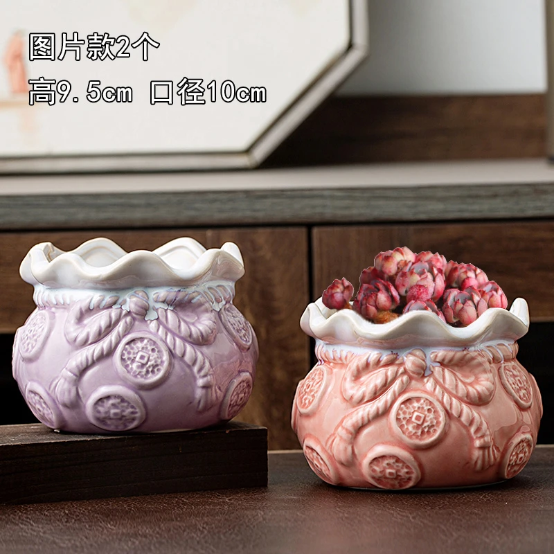 铜钱布袋多肉植物花盆粗陶花盆桌面创意个性小老庄复古花盆包邮