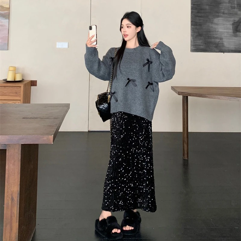 孕妇装秋冬时尚洋气蝴蝶结毛衣上衣百搭亮片半身裙中长款套装外穿