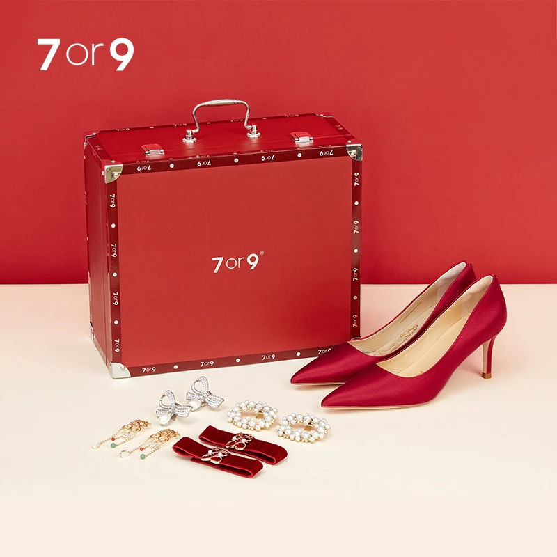 7or9【婚庆礼盒】红丝绒蛋糕红色尖头优雅气质中式婚鞋空气棉高跟鞋