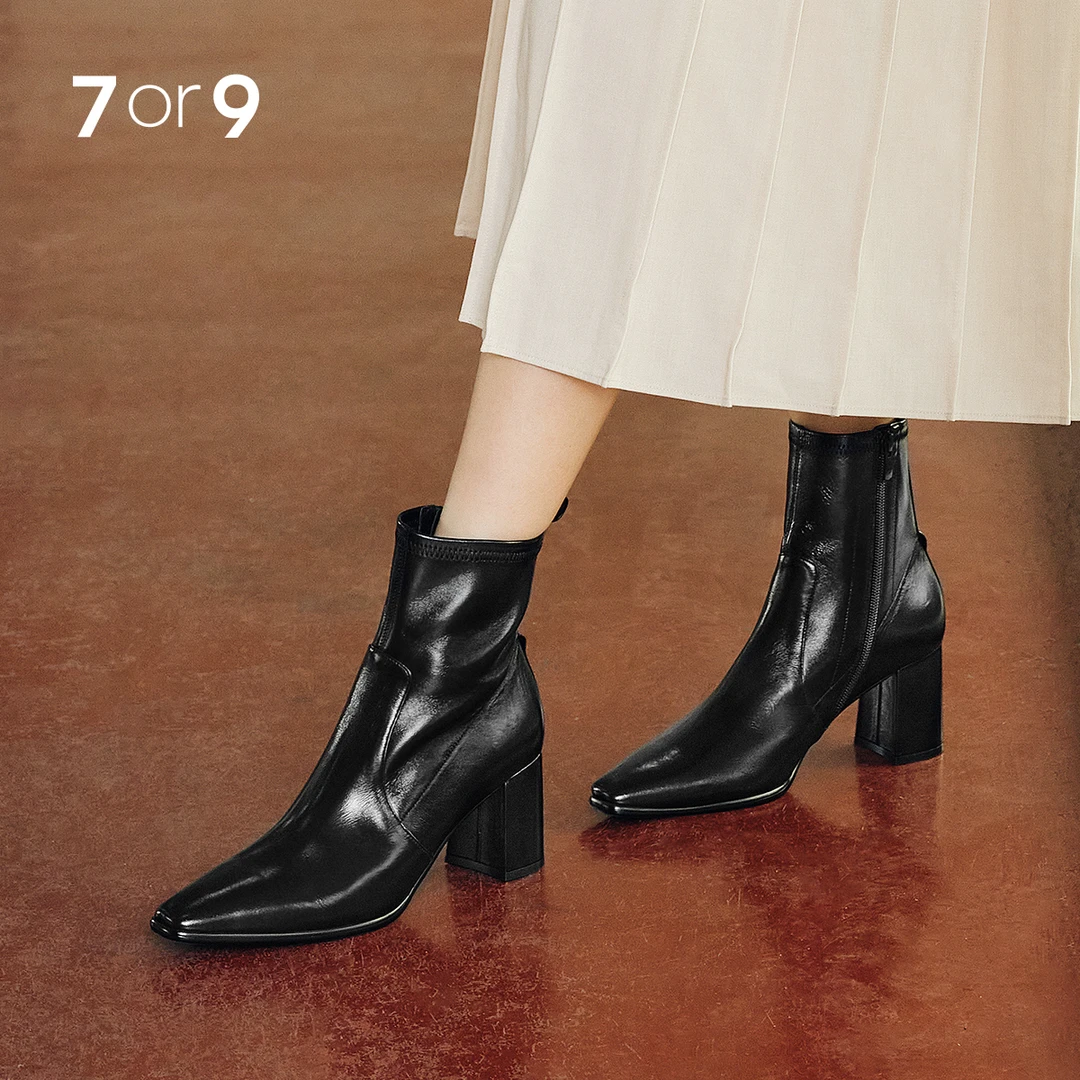 7or9双11好物短靴女舒适防寒高跟黑色秋冬时尚方头粗跟陨石拿铁
