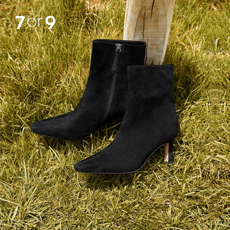 7or9黑糯米&费南雪 靴子防寒女秋冬款法式尖头高跟短靴空气棉