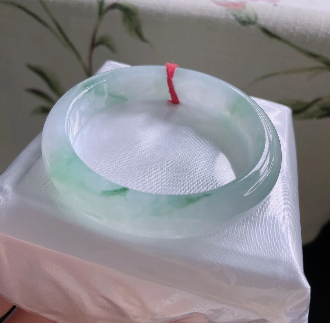 冰糯种飘花55.6圈蓝花高雅气质时尚正品天然缅甸翡翠A货手镯