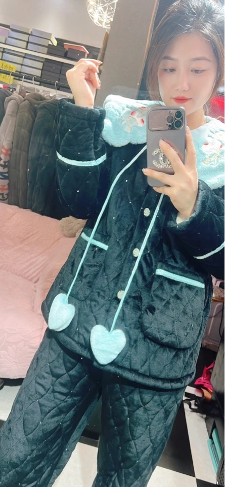 三层加厚保暖家居服套装加绒娃娃领