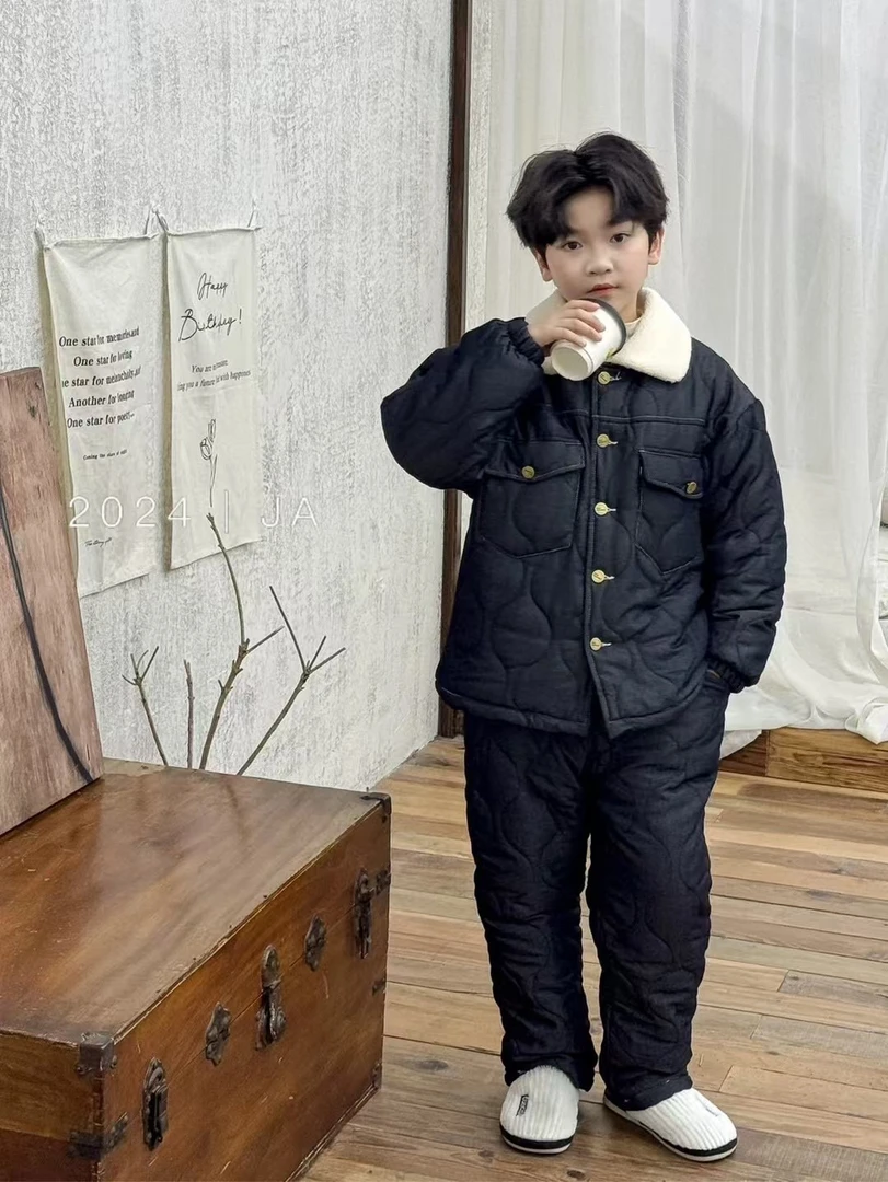 男童小童冬季保暖家居服套装休闲风休闲加绒韩版棉衣