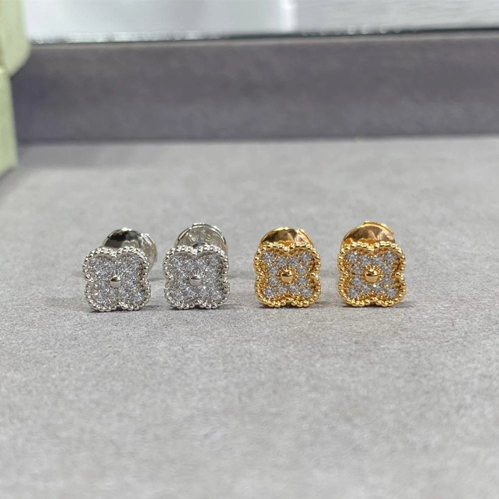 铁合金耳饰 mini迷你满钻四叶草耳钉女纯银镀18K金百搭轻奢个性耳