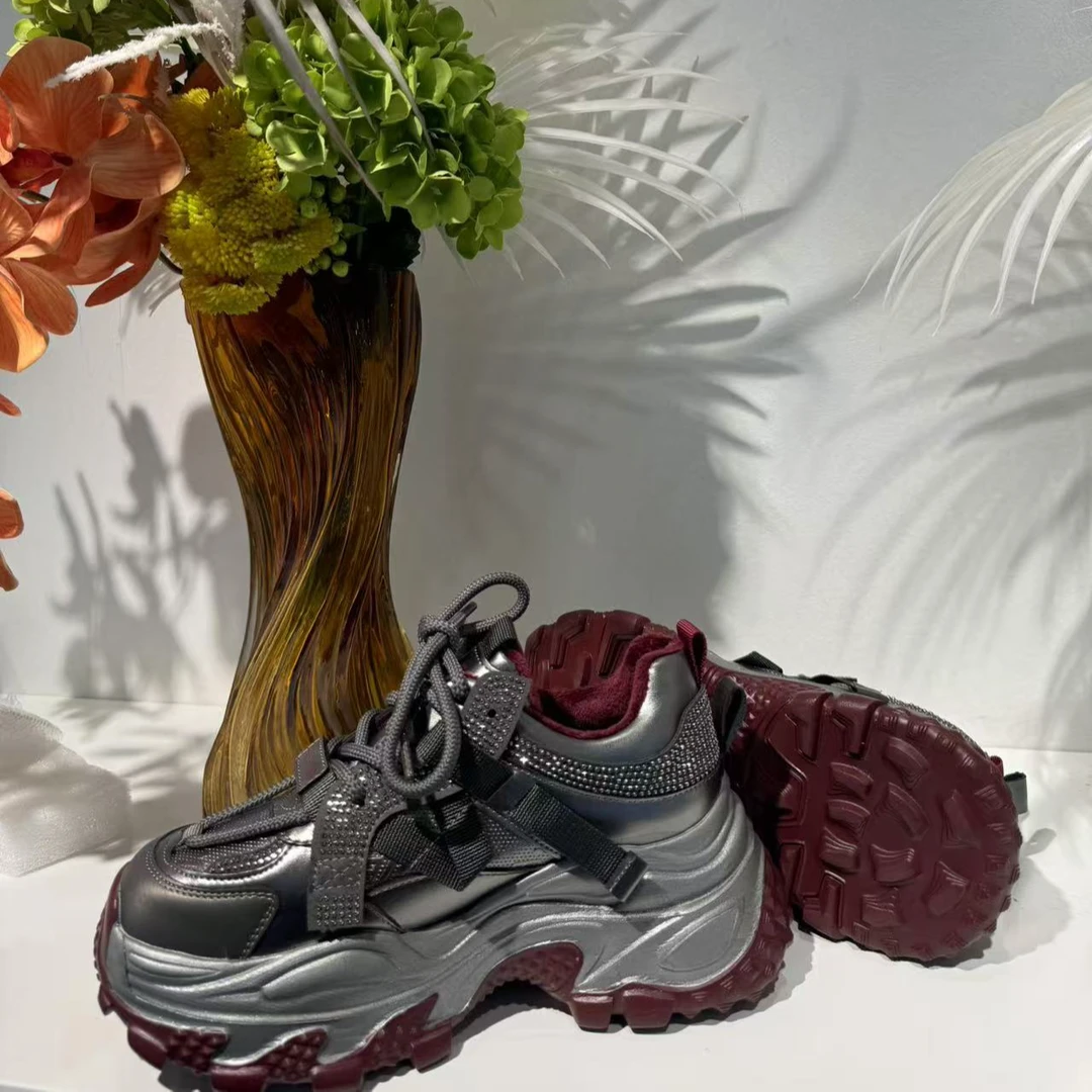 【新疆包邮】厚底增高加绒女鞋2024新款枪色爆款时尚百搭老爹鞋