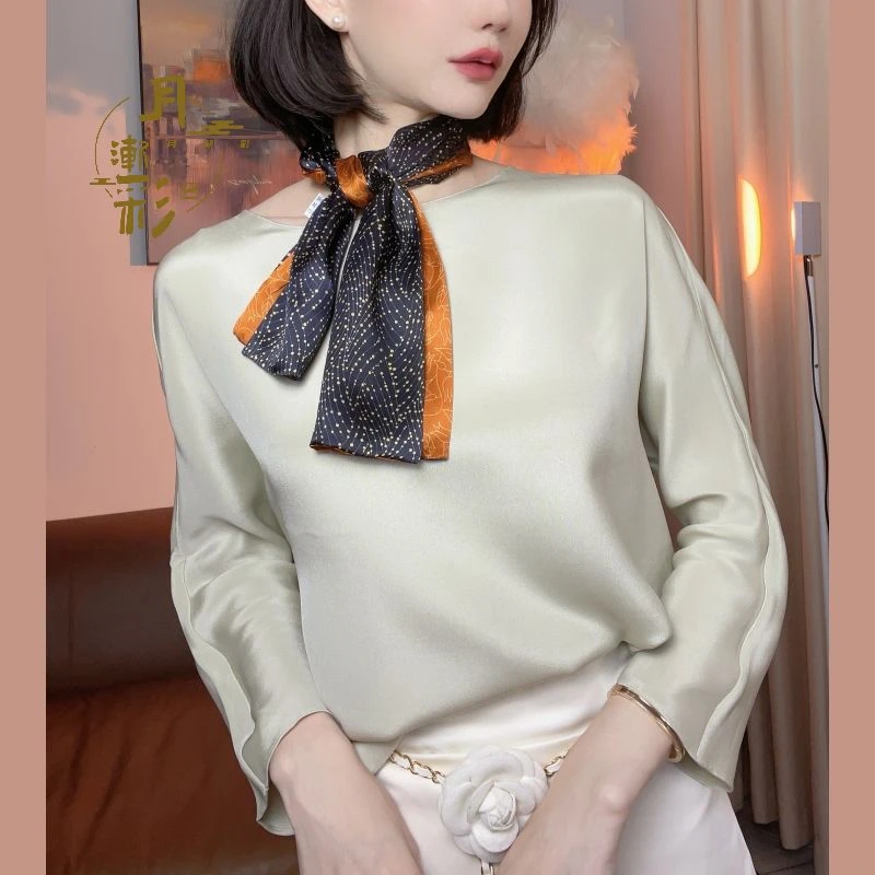 满天星 100%桑蚕丝12姆米素绉缎 双层双面小领巾飘带长条丝巾