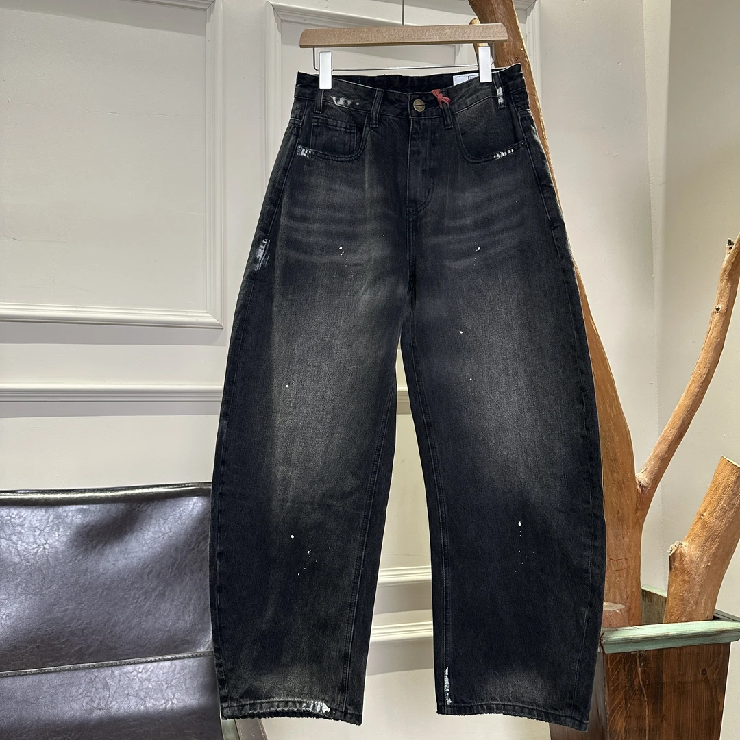 楠悦秋冬新款美式复古休闲牛仔长裤做旧磨破立体剪裁弯刀重工水洗