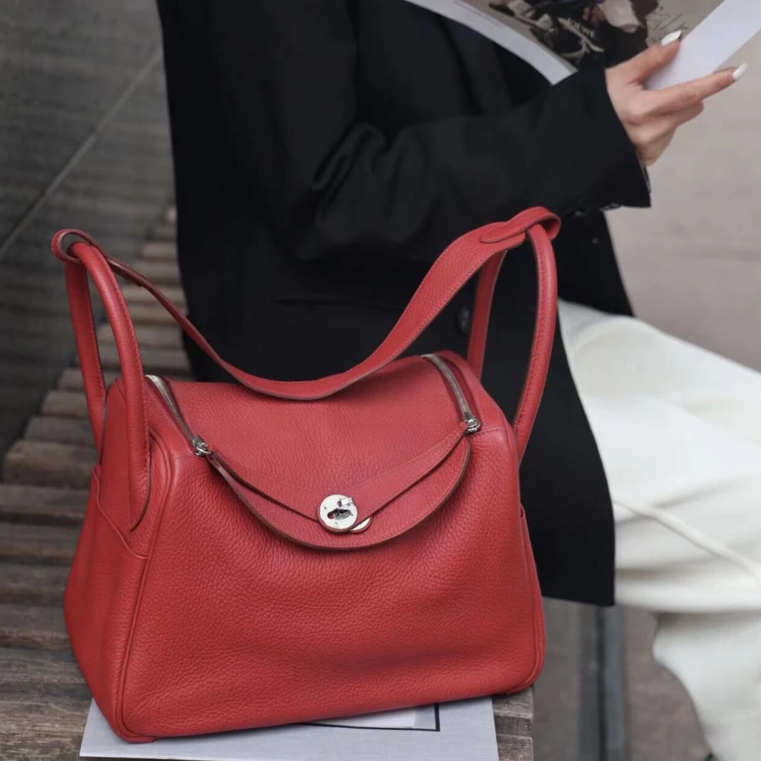 99新 Hermes/爱马仕 lindy30安格拉斯红银扣tc皮p单肩包