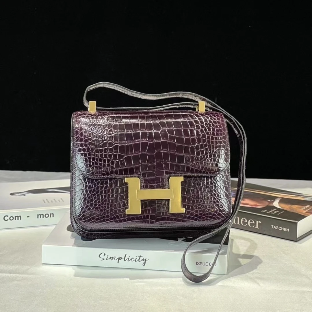 99新 Hermes/爱马仕 康康24金扣茄子紫3v鳄鱼Y单肩包
