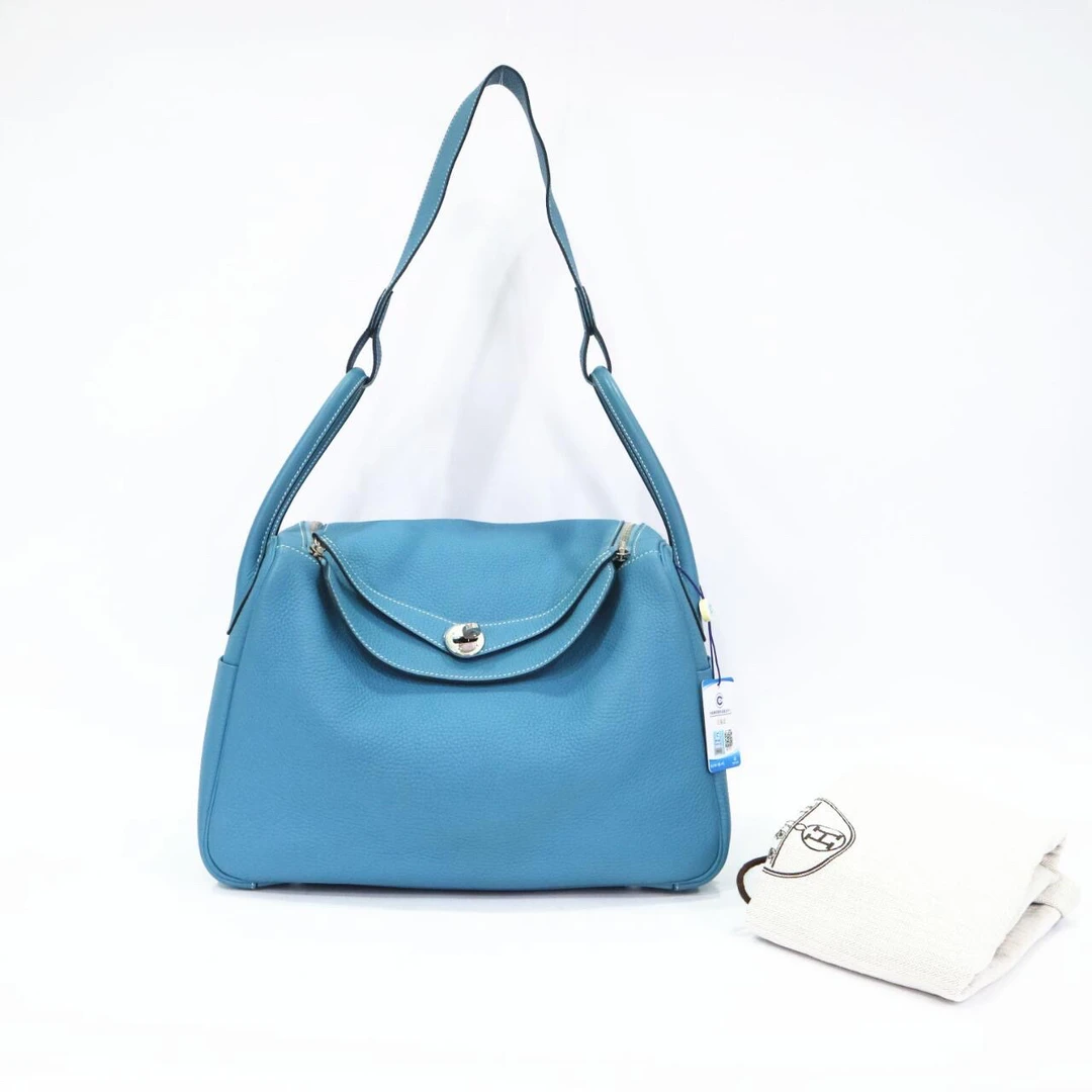 99新 Hermes/爱马仕 lindy34牛仔蓝银扣tc皮单肩包