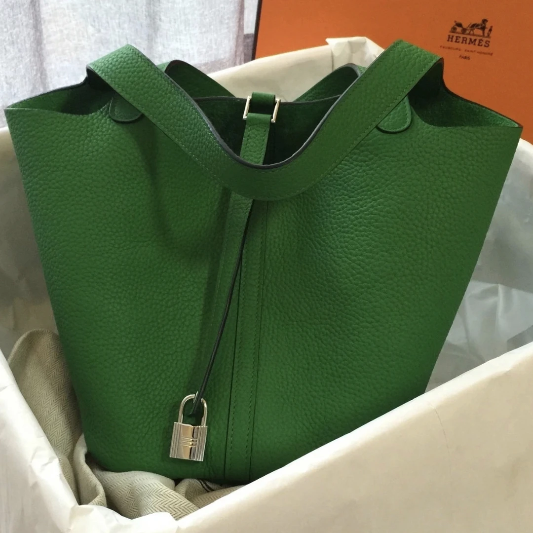 99新 Hermes/爱马仕 菜篮子22竹子绿银扣R手提包