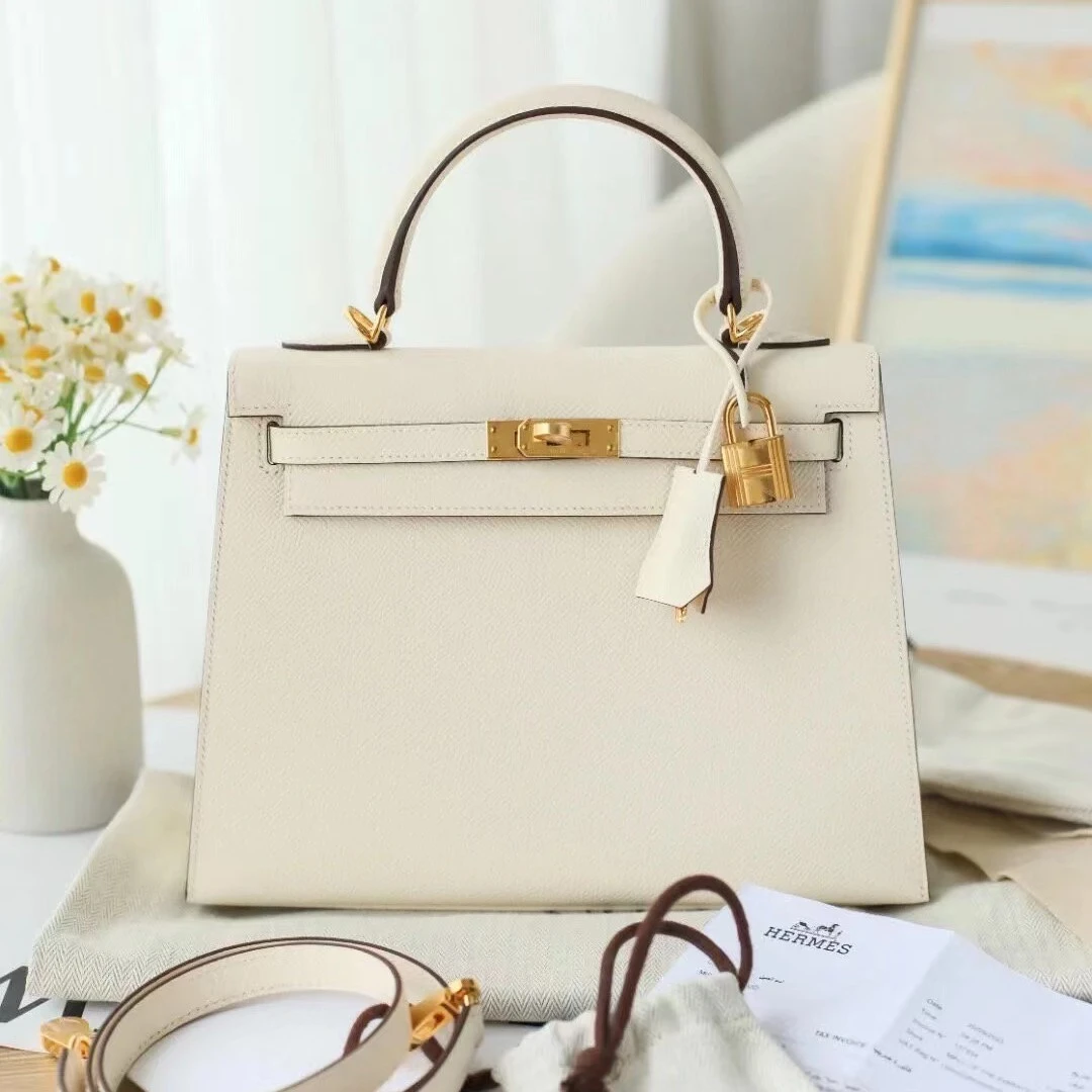 99新 Hermes/爱马仕 kelly25奶昔白金口E皮 U刻白色轻奢时尚女士