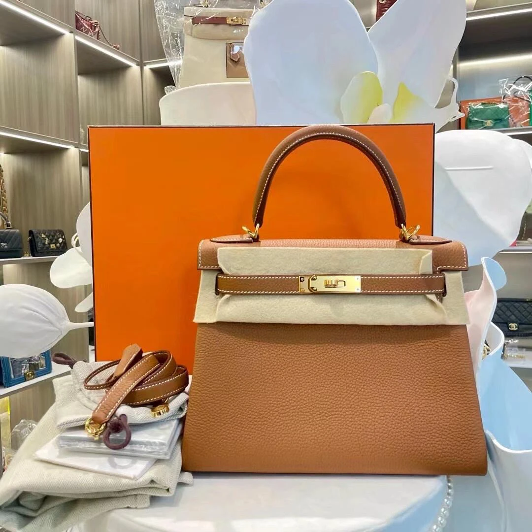 99新 Hermes/爱马仕 kelly28金棕金扣togo皮U单肩包