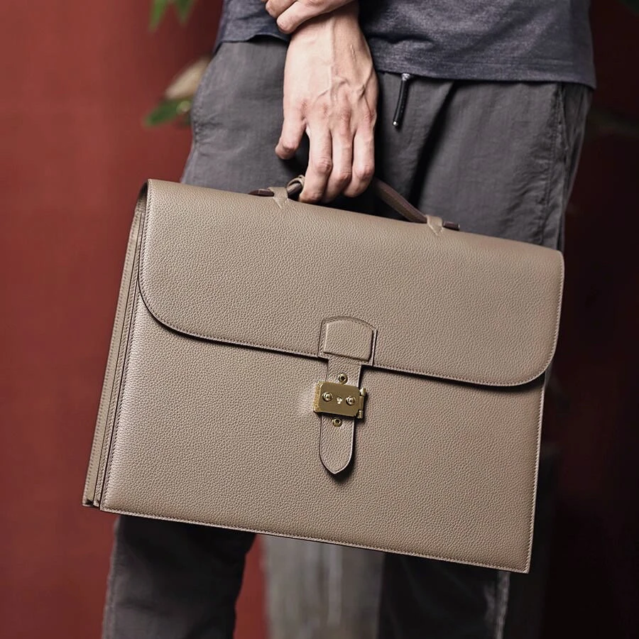 99新 Hermes/爱马仕 sac a depeches39大象灰金扣P公文包手提包