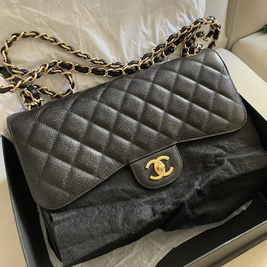95新 Chanel/香奈儿 jumbo黑金扣荔枝牛链条包单肩包