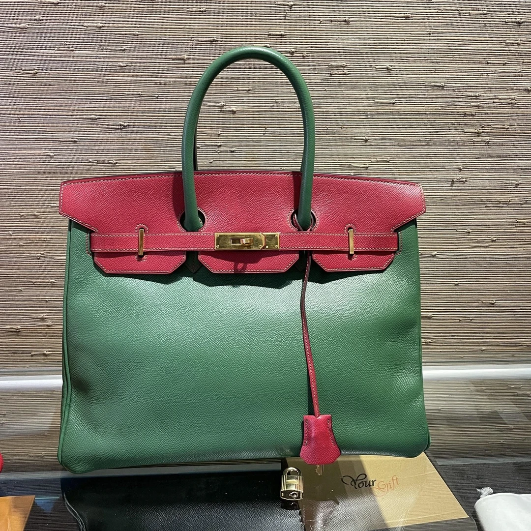 99新 Hermes/爱马仕 birkin35绿拼红金扣e皮框b手提包