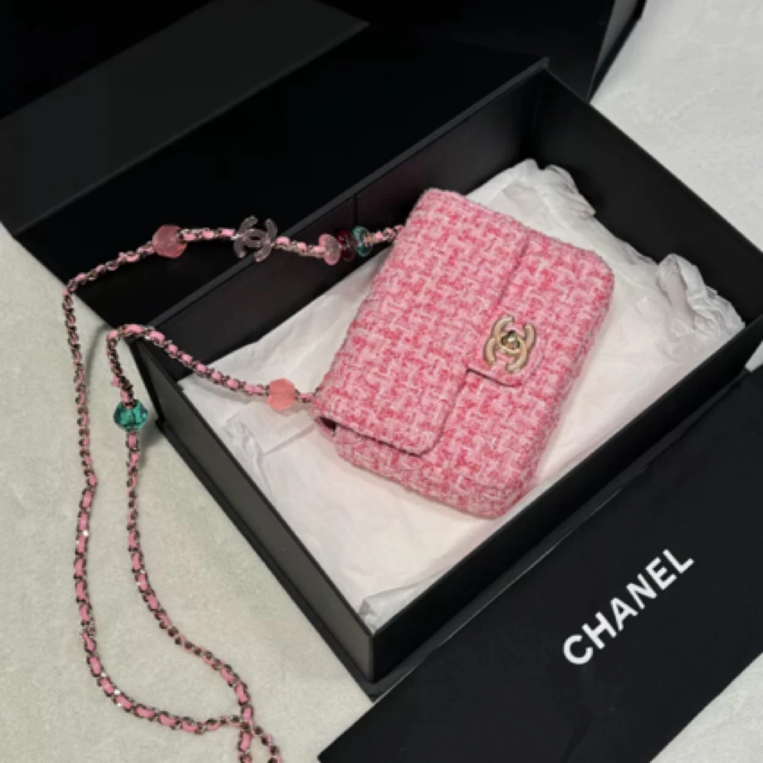 99新 Chanel/香奈儿 粉色毛呢糖果链条方胖子