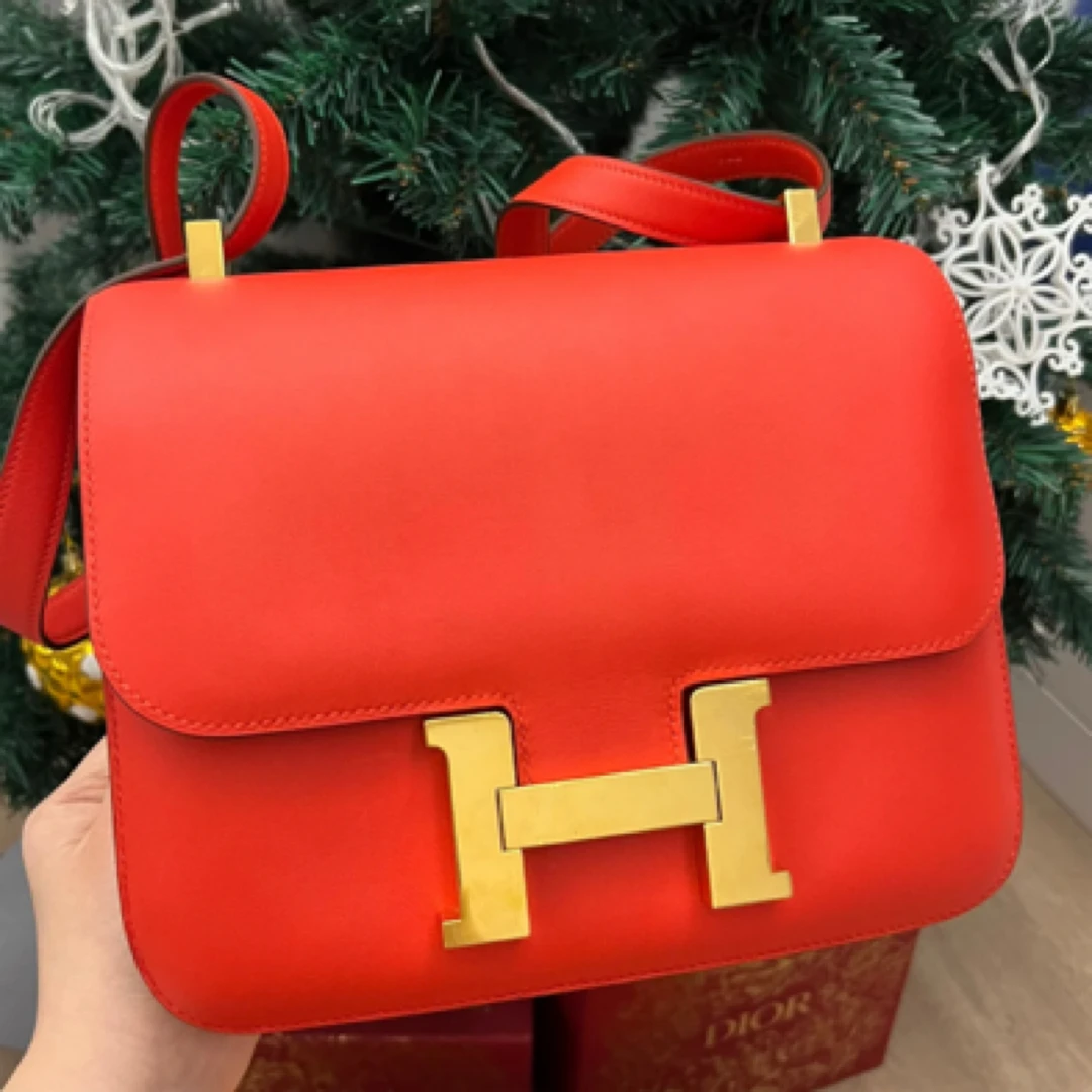 99新 Hermes/爱马仕 康康24番茄红金扣X单肩包