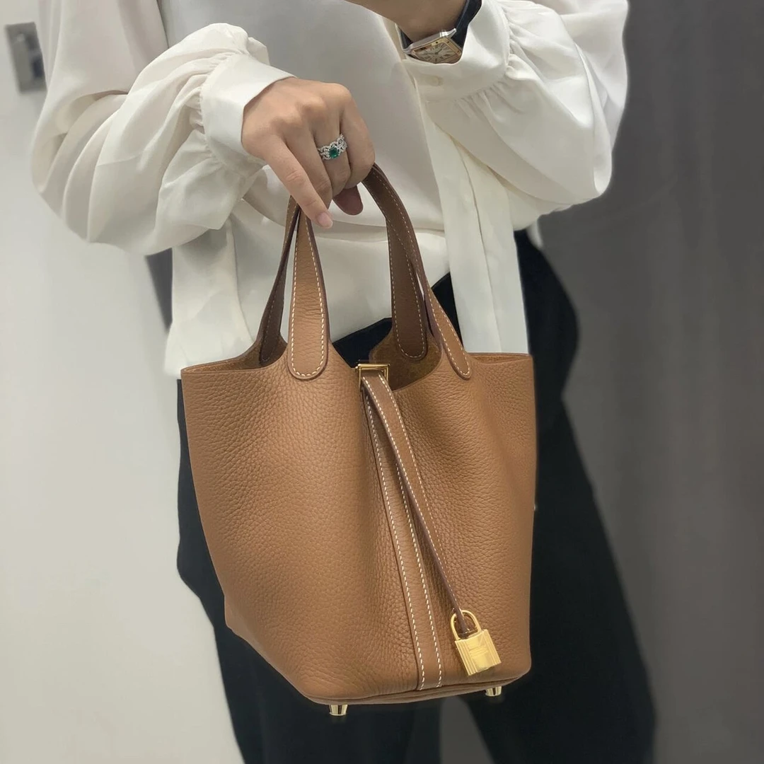 99新 Hermes/爱马仕 【老于包展】104/菜篮子22金棕金扣c刻手提包