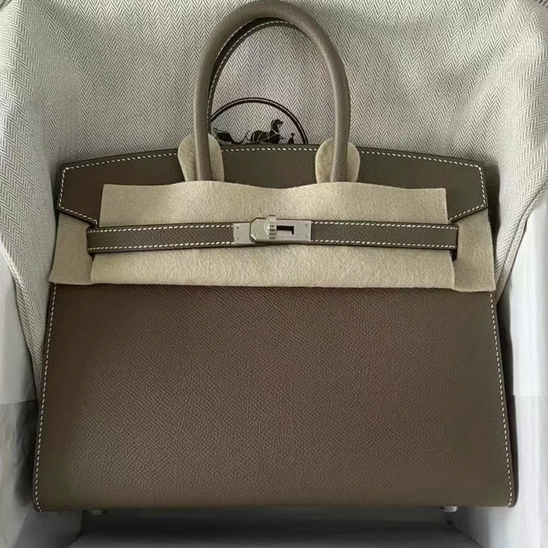 99新 Hermes/爱马仕 birkin25大象灰银扣B刻e皮手提包