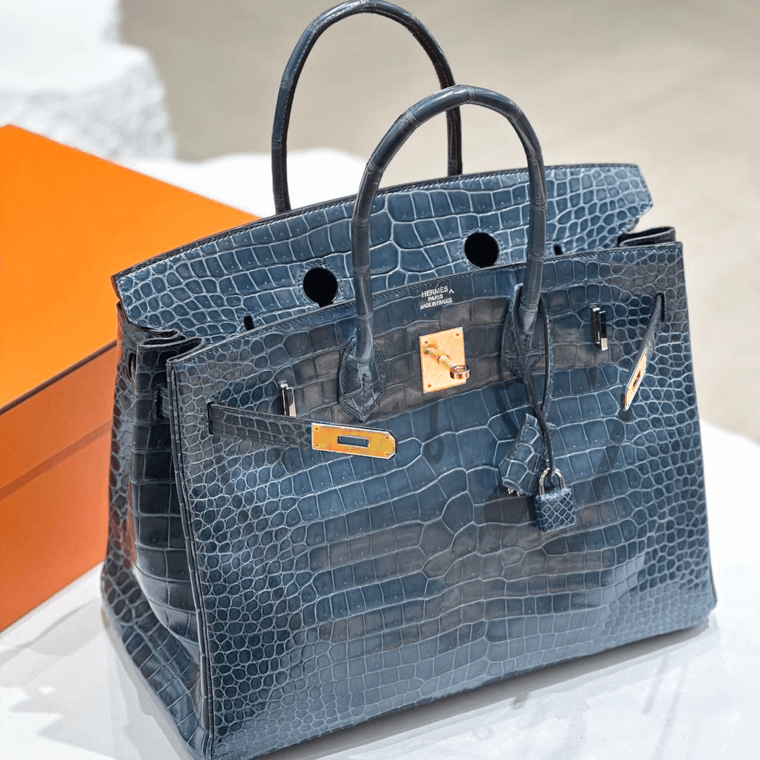 99新 Hermes/爱马仕 birkin35风暴蓝银扣倒V鳄鱼手提包