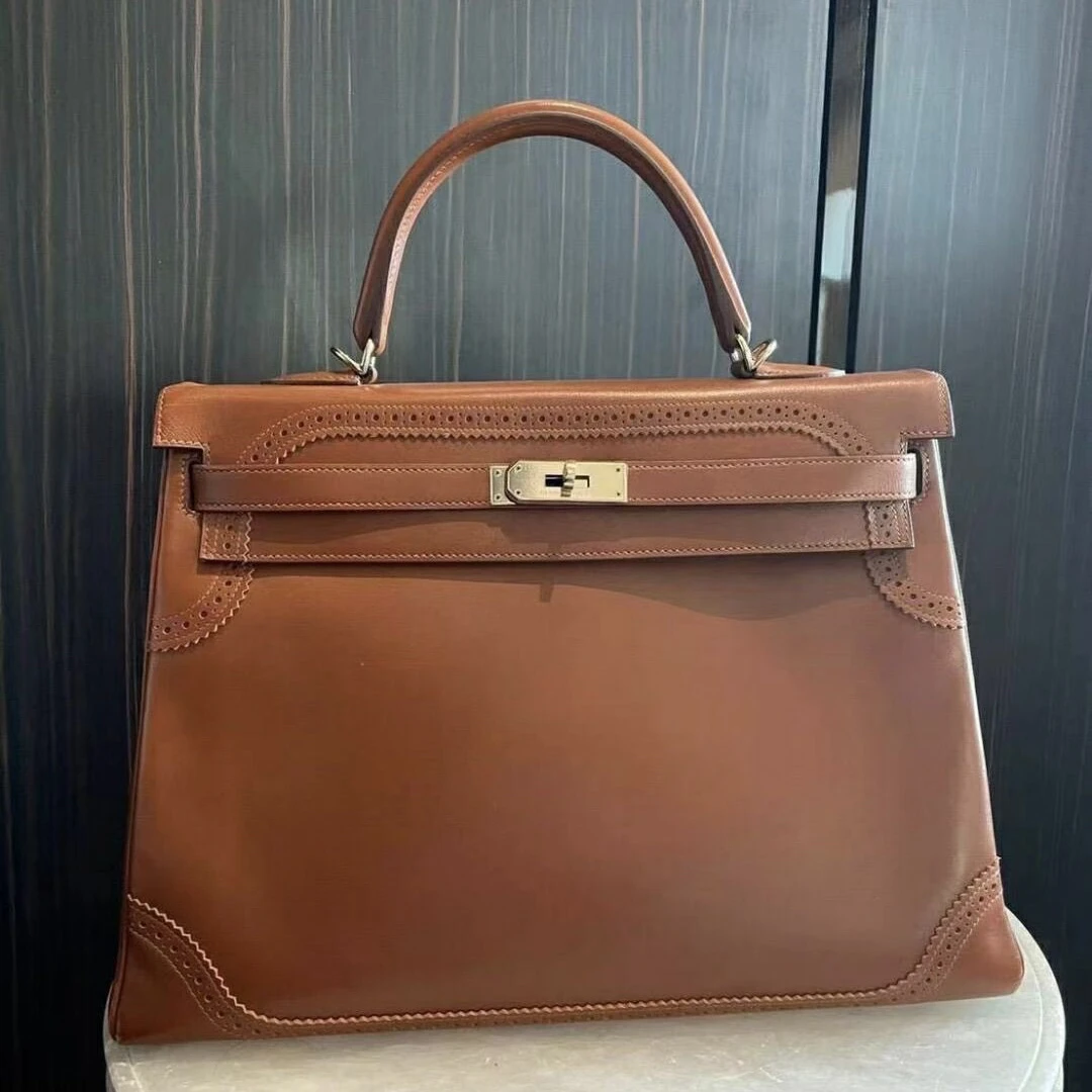 99新 Hermes/爱马仕 kelly35金棕金扣蕾丝tad皮P手提包