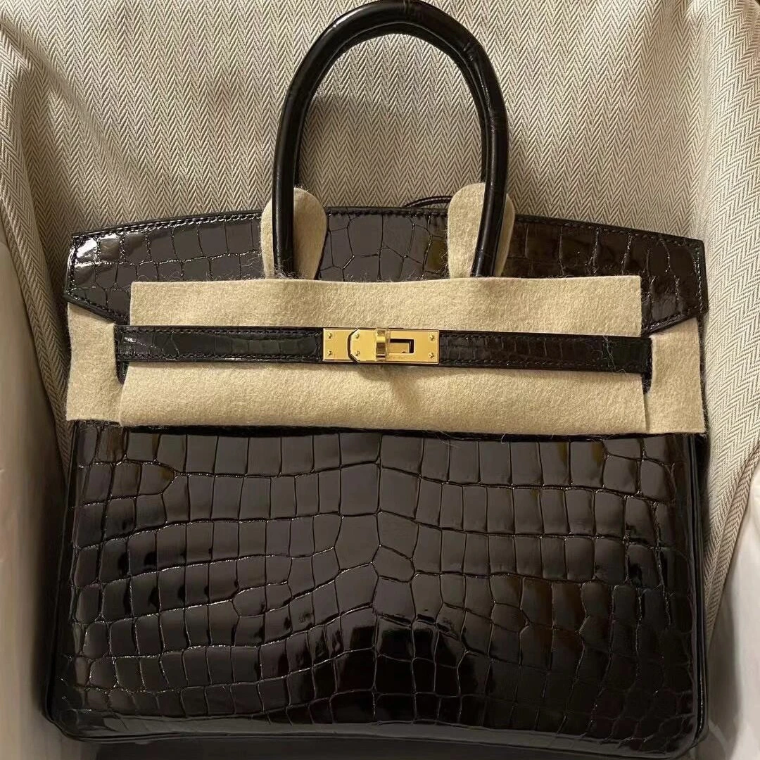 99新 Hermes/爱马仕 birkin25黑金扣鳄鱼D手提包