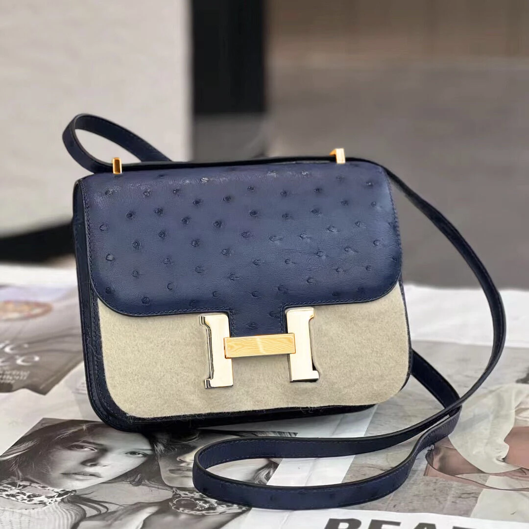 99新 Hermes/爱马仕 康康19宝石蓝金扣鸵鸟A单肩包