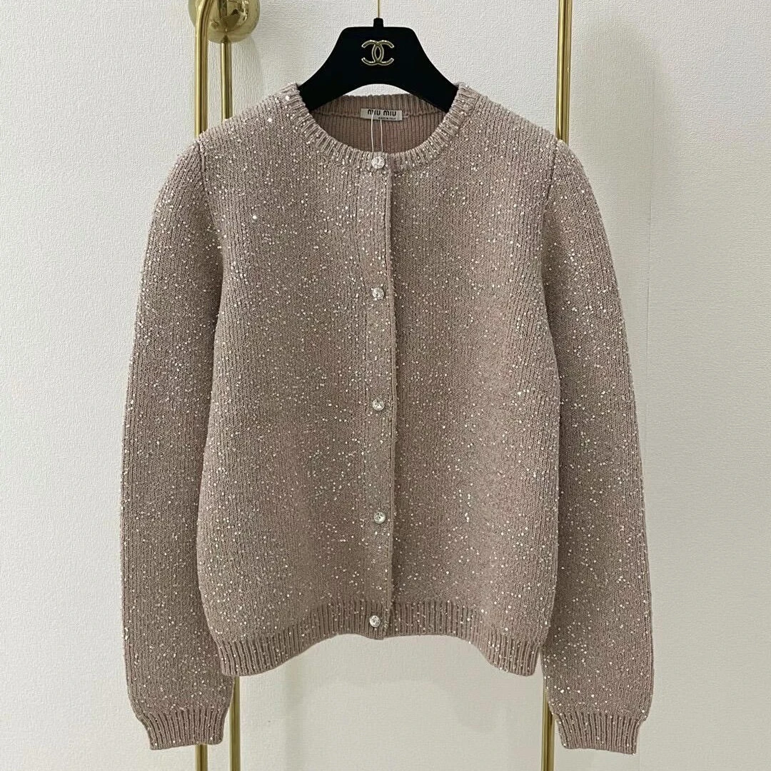 99新 MIU MIU/缪缪 粉色亮片针织开衫36码+裤子36码一套
