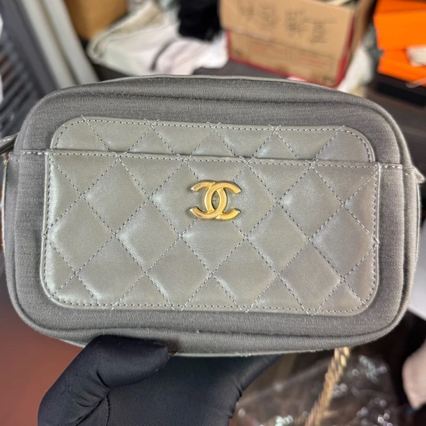 99新 Chanel/香奈儿 锡器灰金扣菱格纹26开相机包单肩包
