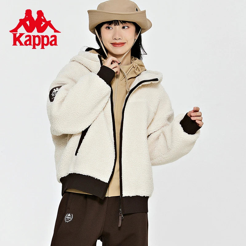 卡帕Kappa羊羔绒2024新款女冬连帽运动卫衣撞色休闲长袖防寒