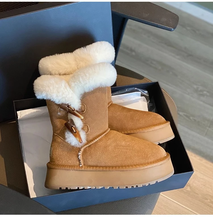 真皮厚底雪地靴女款冬季网红加绒加厚增高轻便牛角扣皮毛一体棉鞋