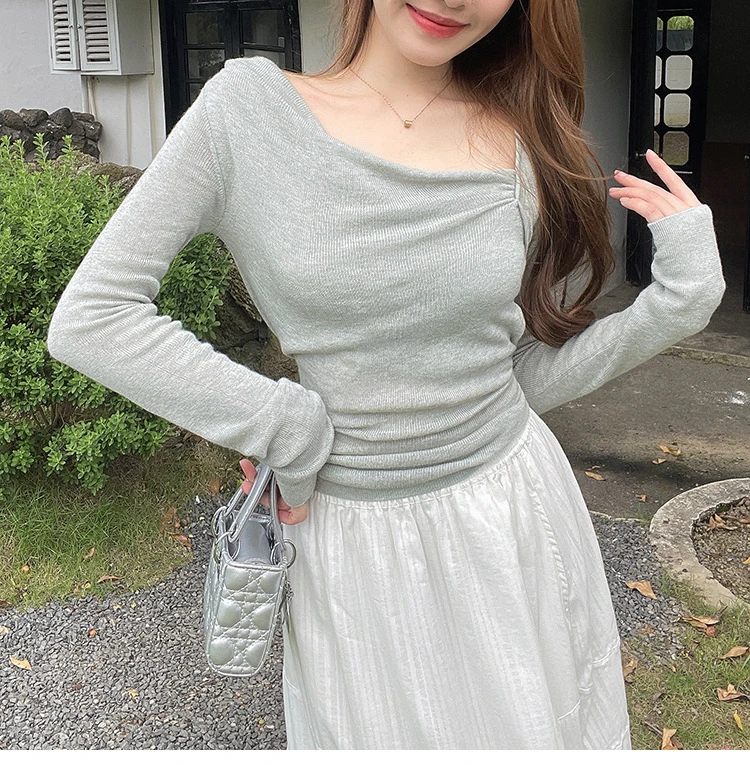 一秒入秋 后腰绑带 荡领针织top~修身显瘦长袖上衣辣妹不规则秋季