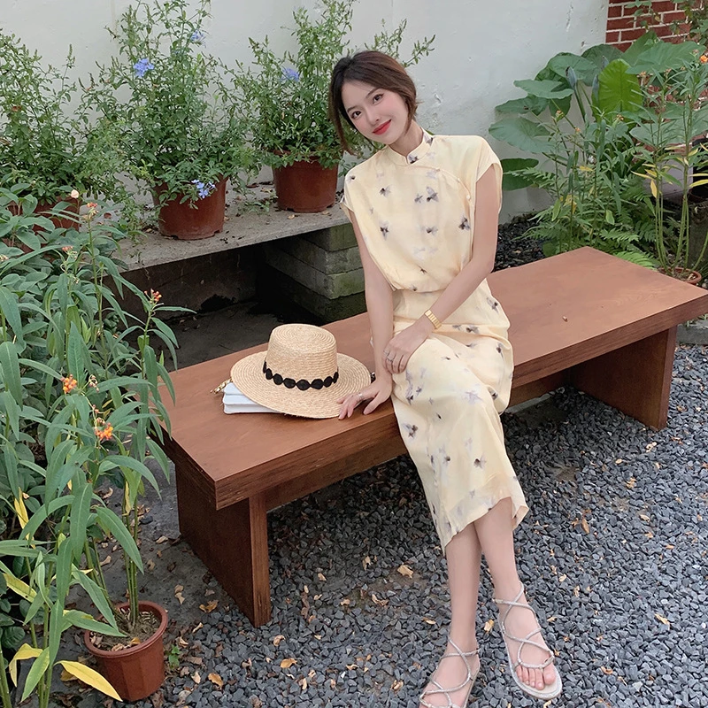 【芸芸优选】淡黄新中式国风小清新白色法式包臀长裙时尚女装连衣裙