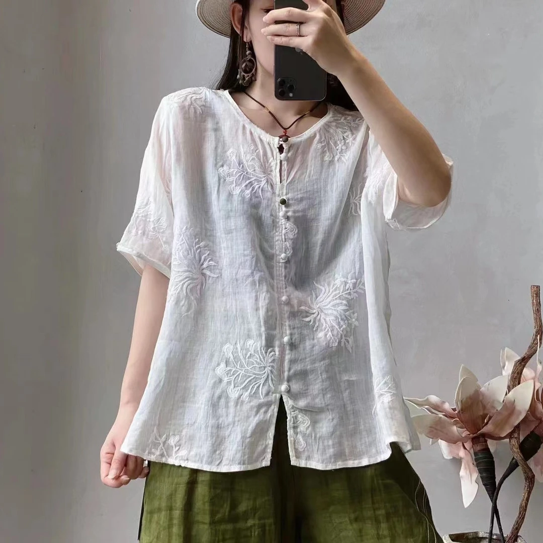 【盛涵】夏季女士纯色苎麻满身刺绣圆领对襟手工包扣文艺百搭衬衣