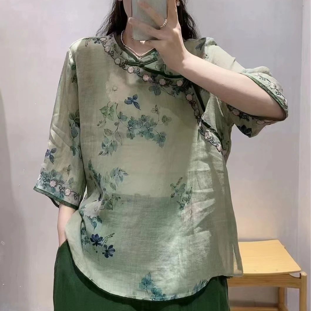 【金玉满堂】夏季中式风苎麻印花刺绣国风轻薄透气复古文艺宽松上衣