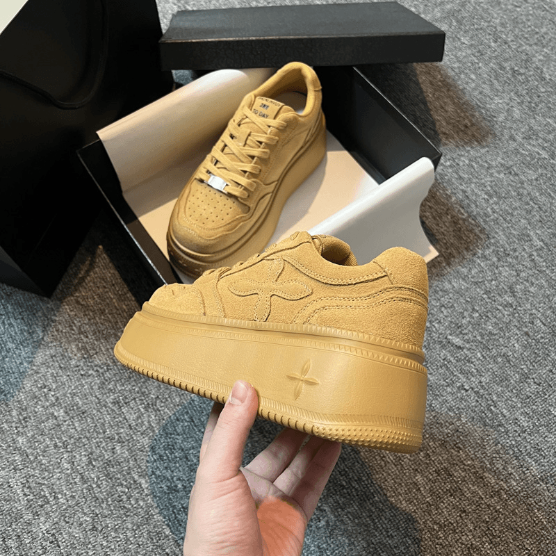 真皮小白鞋女2024夏季新款圆头磨砂系带超轻厚底增高百搭休闲板鞋