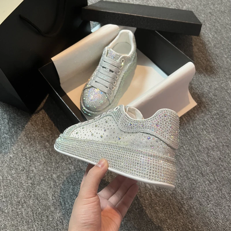 2024夏季新款满钻休闲小白鞋水钻网鞋女透气厚底网面老爹鞋ins潮